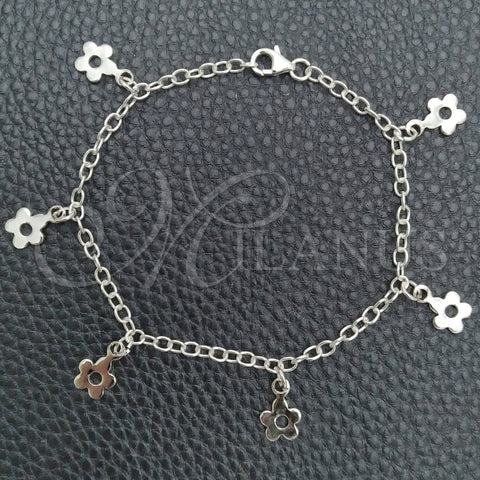 Pulsera de Dije 03.392.0011.07 Plata Rodinada, Diseño de Flor y Rolo, Pulido, Tono Plateado (Grosor 03 MM, 7 Pulgadas de Largo)