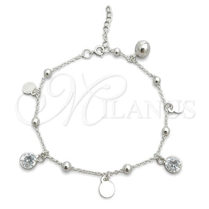 Pulsera de Dije 03.395.0003.07 Plata Rodinada, Diseño de Bola y Cascavel, con Zirconia Cubica Blanca, Pulido, Tono Plateado (Grosor 03 MM, 8 Pulgadas de Largo)