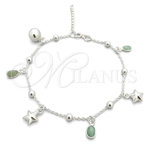 Pulsera de Dije 03.395.0008.07 Plata Rodinada, Diseño de Estrella y Cascavel, con Zirconia Cubica Fern Green, Pulido, Tono Plateado (Grosor 03 MM, 8 Pulgadas de Largo)
