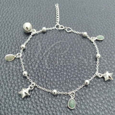 Pulsera de Dije 03.395.0008.07 Plata Rodinada, Diseño de Estrella y Cascavel, con Zirconia Cubica Fern Green, Pulido, Tono Plateado (Grosor 03 MM, 8 Pulgadas de Largo)