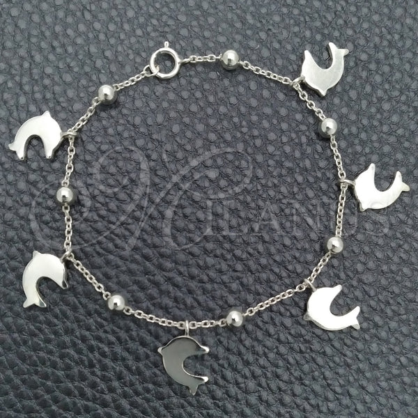 Pulsera de Dije 03.395.0010.07 Plata Rodinada, Diseño de Delfín y Rolo, Pulido, Tono Plateado (Grosor 03 MM, 8 Pulgadas de Largo)