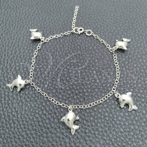 Pulsera de Dije 03.395.0013.07 Plata Rodinada, Diseño de Delfín y Rolo, Pulido, Tono Plateado (Grosor 03 MM, 8 Pulgadas de Largo)