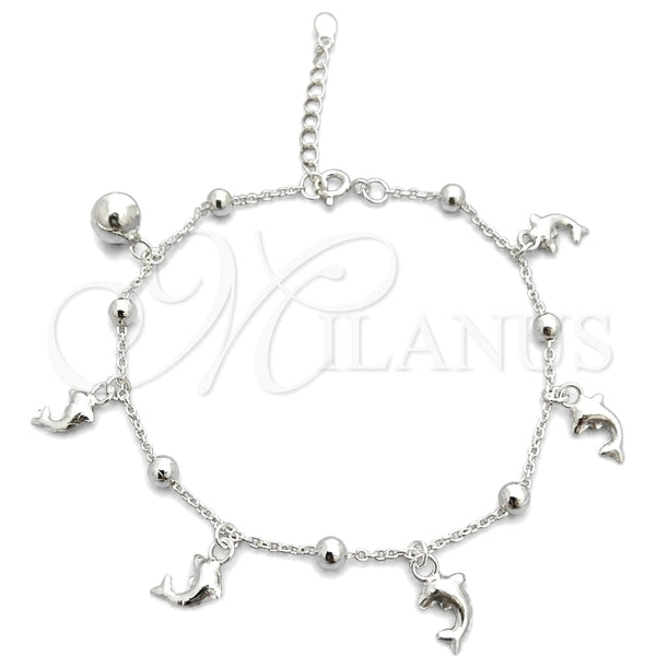 Pulsera de Dije 03.395.0017.07 Plata Rodinada, Diseño de Delfín y Bola, Pulido, Tono Plateado (Grosor 03 MM, 8 Pulgadas de Largo)