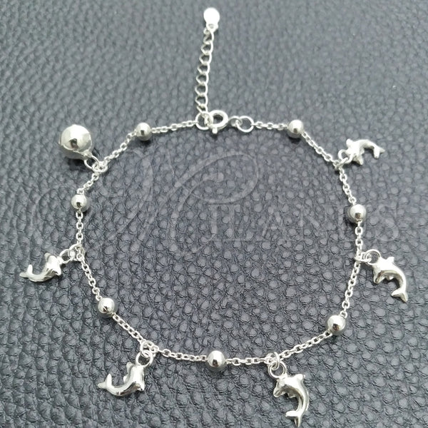 Pulsera de Dije 03.395.0017.07 Plata Rodinada, Diseño de Delfín y Bola, Pulido, Tono Plateado (Grosor 03 MM, 8 Pulgadas de Largo)