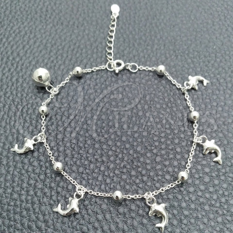 Pulsera de Dije 03.395.0017.07 Plata Rodinada, Diseño de Delfín y Bola, Pulido, Tono Plateado (Grosor 03 MM, 8 Pulgadas de Largo)