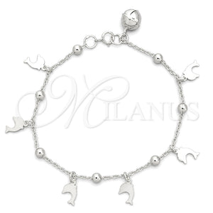 Pulsera de Dije 03.395.0019.07 Plata Rodinada, Diseño de Delfín y Cascavel, Pulido, Tono Plateado (Grosor 03 MM, 8 Pulgadas de Largo)