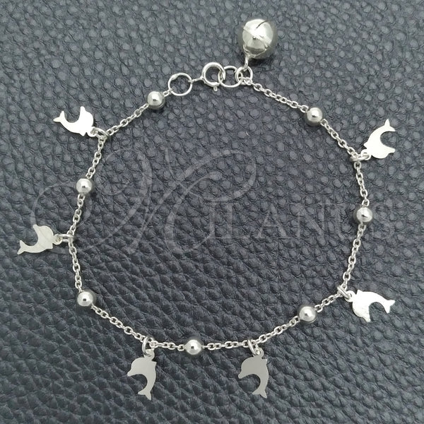 Pulsera de Dije 03.395.0019.07 Plata Rodinada, Diseño de Delfín y Cascavel, Pulido, Tono Plateado (Grosor 03 MM, 8 Pulgadas de Largo)