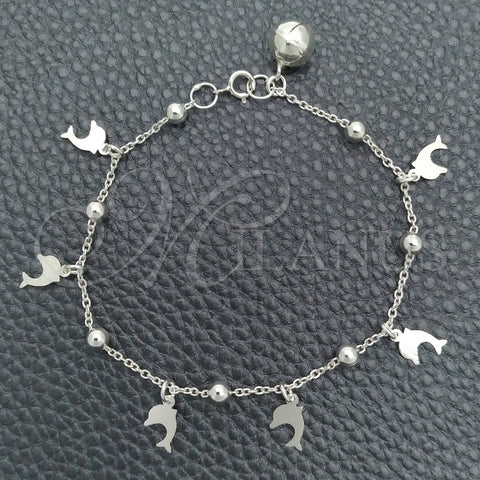Pulsera de Dije 03.395.0019.07 Plata Rodinada, Diseño de Delfín y Cascavel, Pulido, Tono Plateado (Grosor 03 MM, 8 Pulgadas de Largo)