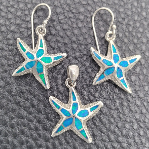 Juego de Arete y Dije de Adulto 10.391.0003 Plata Rodinada, Diseño de Estrella, con Opal Bermuda Blue, Pulido, Tono Plateado