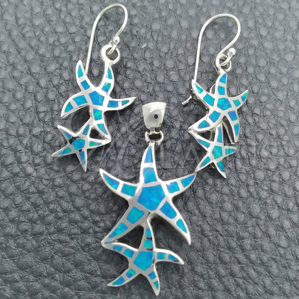 Juego de Arete y Dije de Adulto 10.391.0009 Plata Rodinada, Diseño de Estrella, con Opal Bermuda Blue, Pulido, Tono Plateado