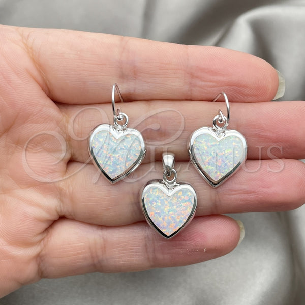 Juego de Arete y Dije de Adulto 10.391.0014.1 Plata Rodinada, Diseño de Corazón, con Opal Blanca, Pulido, Tono Plateado