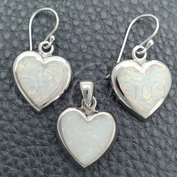 Juego de Arete y Dije de Adulto 10.391.0014.1 Plata Rodinada, Diseño de Corazón, con Opal Blanca, Pulido, Tono Plateado