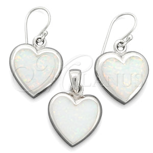 Juego de Arete y Dije de Adulto 10.391.0014.1 Plata Rodinada, Diseño de Corazón, con Opal Blanca, Pulido, Tono Plateado