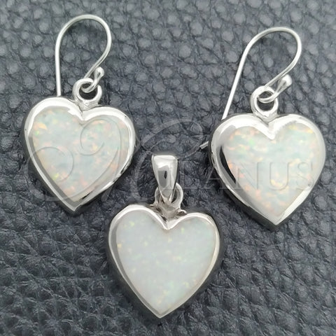 Juego de Arete y Dije de Adulto 10.391.0014.1 Plata Rodinada, Diseño de Corazón, con Opal Blanca, Pulido, Tono Plateado