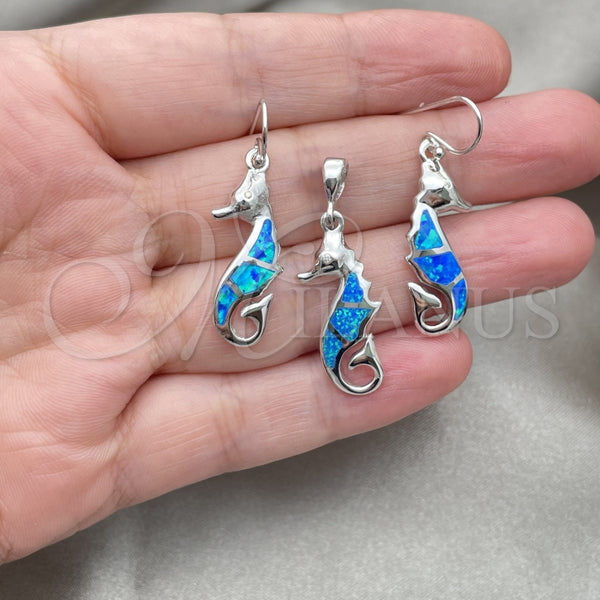 Juego de Arete y Dije de Adulto 10.391.0015 Plata Rodinada, Diseño de Caballo de Mar, con Opal Bermuda Blue, Pulido, Tono Plateado