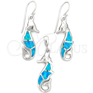 Juego de Arete y Dije de Adulto 10.391.0015 Plata Rodinada, Diseño de Caballo de Mar, con Opal Bermuda Blue, Pulido, Tono Plateado