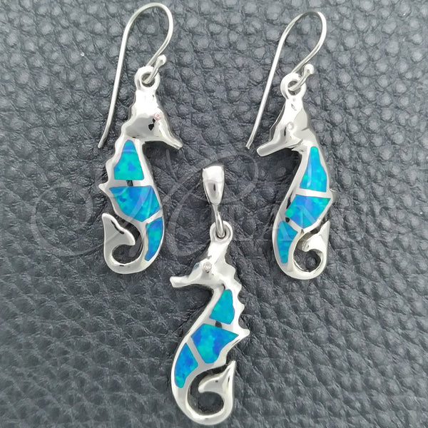Juego de Arete y Dije de Adulto 10.391.0015 Plata Rodinada, Diseño de Caballo de Mar, con Opal Bermuda Blue, Pulido, Tono Plateado