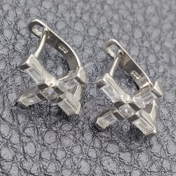 Arete Gancho Frances 02.398.0001 Plata Rodinada, Diseño de Cruz, con Zirconia Cubica Blanca, Pulido, Rodinado