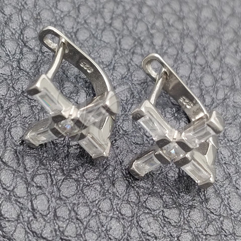 Arete Gancho Frances 02.398.0001 Plata Rodinada, Diseño de Cruz, con Zirconia Cubica Blanca, Pulido, Rodinado