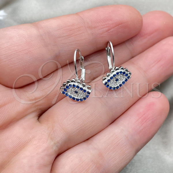 Arete Gancho Frances 02.398.0002 Plata Rodinada, Diseño de Ojo Griego, con Zirconia Cubica Blanca y Zafiro Azul, Pulido, Rodinado