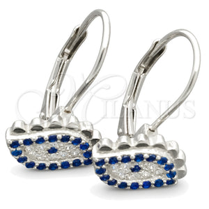 Arete Gancho Frances 02.398.0002 Plata Rodinada, Diseño de Ojo Griego, con Zirconia Cubica Blanca y Zafiro Azul, Pulido, Rodinado