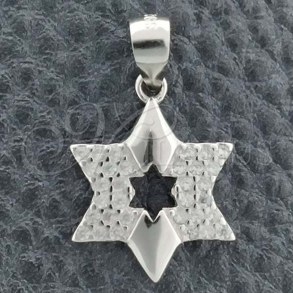 Dije Religioso 05.398.0002 Plata Rodinada, Diseño de Estrella de Davi, con Zirconia Cubica Blanca, Pulido, Rodinado