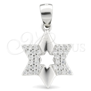Dije Religioso 05.398.0002 Plata Rodinada, Diseño de Judaica y Estrella de Davi, con Zirconia Cubica Blanca, Pulido, Rodinado
