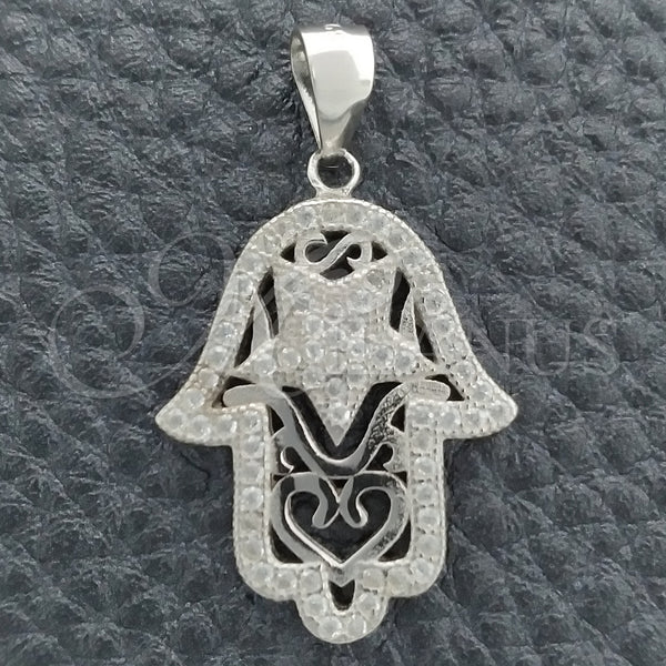 Dije Religioso 05.398.0003 Plata Rodinada, Diseño de Mano de Dios, con Zirconia Cubica Blanca, Pulido, Rodinado