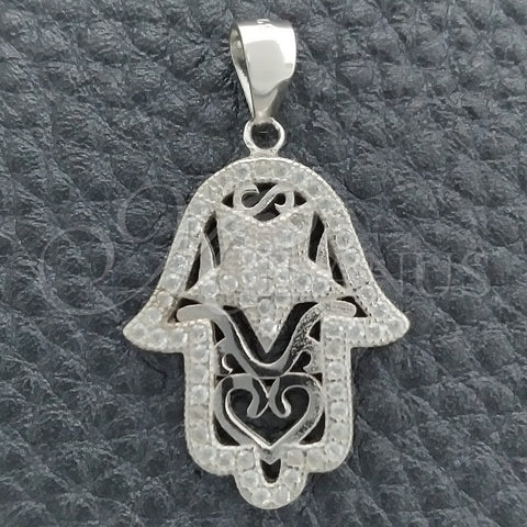 Dije Religioso 05.398.0003 Plata Rodinada, Diseño de Mano de Dios, con Zirconia Cubica Blanca, Pulido, Rodinado