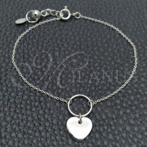 Pulsera Elegante 03.395.0023.07 Plata Rodinada, Diseño de Corazón, Pulido, Tono Plateado (Grosor 03 MM, 7 Pulgadas de Largo)