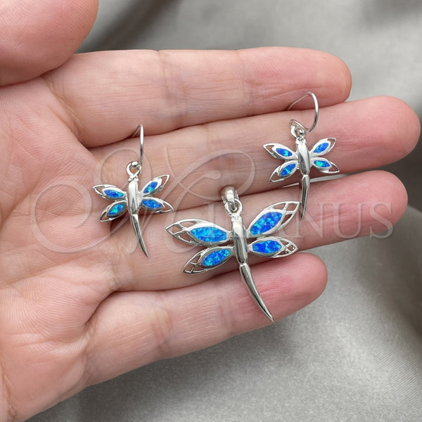 Juego de Arete y Dije de Adulto 10.391.0020 Plata Rodinada, Diseño de Libélula, con Opal Bermuda Blue, Pulido, Tono Plateado