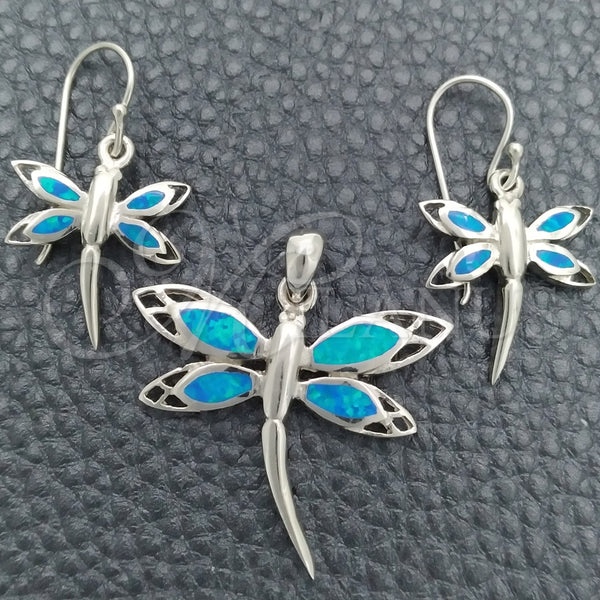 Juego de Arete y Dije de Adulto 10.391.0020 Plata Rodinada, Diseño de Libélula, con Opal Bermuda Blue, Pulido, Tono Plateado