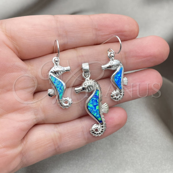 Juego de Arete y Dije de Adulto 10.391.0021 Plata Rodinada, Diseño de Caballo de Mar, con Opal Bermuda Blue, Pulido, Tono Plateado