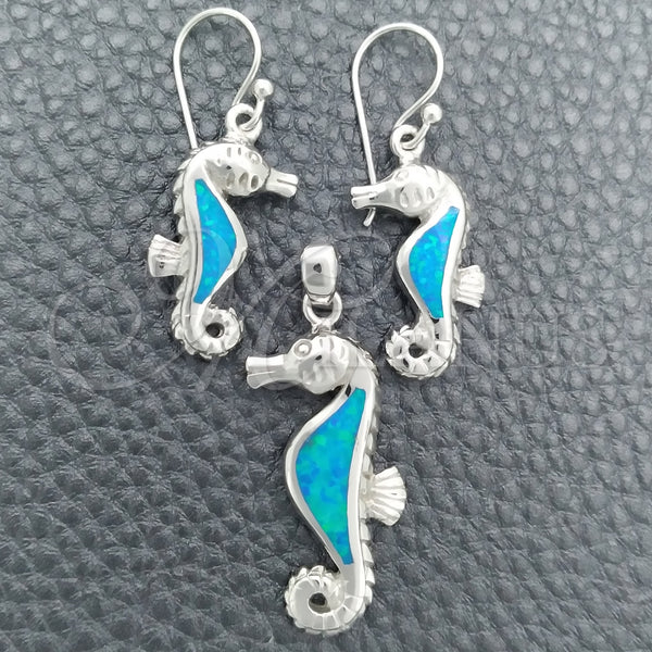 Juego de Arete y Dije de Adulto 10.391.0021 Plata Rodinada, Diseño de Caballo de Mar, con Opal Bermuda Blue, Pulido, Tono Plateado