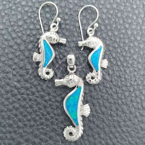 Juego de Arete y Dije de Adulto 10.391.0021 Plata Rodinada, Diseño de Caballo de Mar, con Opal Bermuda Blue, Pulido, Tono Plateado