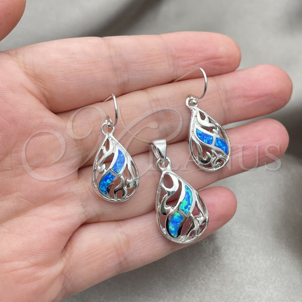 Juego de Arete y Dije de Adulto 10.391.0023 Plata Rodinada, Diseño de Gota y File, con Opal Bermuda Blue, Pulido, Tono Plateado