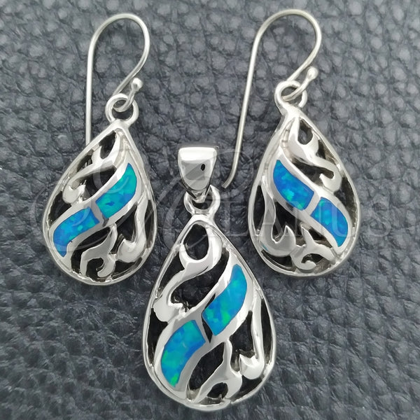 Juego de Arete y Dije de Adulto 10.391.0023 Plata Rodinada, Diseño de Gota y File, con Opal Bermuda Blue, Pulido, Tono Plateado