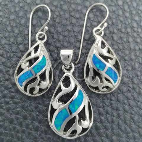 Juego de Arete y Dije de Adulto 10.391.0023 Plata Rodinada, Diseño de Gota y File, con Opal Bermuda Blue, Pulido, Tono Plateado
