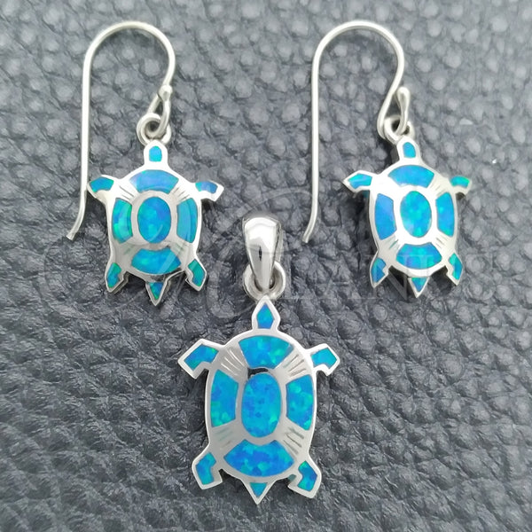 Juego de Arete y Dije de Adulto 10.391.0024 Plata Rodinada, Diseño de Tortuga, con Opal Bermuda Blue, Pulido, Tono Plateado