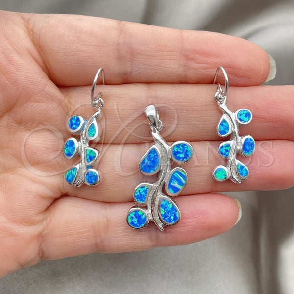 Juego de Arete y Dije de Adulto 10.391.0026 Plata Rodinada, Diseño de Oja, con Opal Bermuda Blue, Pulido, Tono Plateado