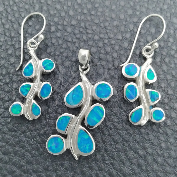 Juego de Arete y Dije de Adulto 10.391.0026 Plata Rodinada, Diseño de Oja, con Opal Bermuda Blue, Pulido, Tono Plateado