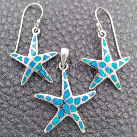Juego de Arete y Dije de Adulto 10.391.0028 Plata Rodinada, Diseño de Estrella, con Opal Bermuda Blue, Pulido, Tono Plateado