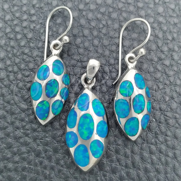 Juego de Arete y Dije de Adulto 10.391.0029 Plata Rodinada, Diseño de Gota, con Opal Bermuda Blue, Pulido, Tono Plateado