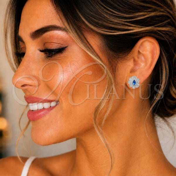 Arete Dormilona 02.398.0007 Plata Rodinada, Diseño de Flor, con Zirconia Cubica Blanca, Pulido, Tono Plateado