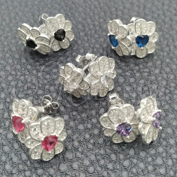 Arete Dormilona 02.398.0018 Plata Rodinada, Diseño de Flor, con Zirconia Cubica Blanca, Pulido, Tono Plateado
