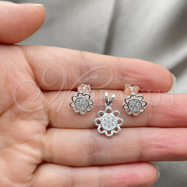 Juego de Arete y Dije de Adulto 10.398.0011 Plata Rodinada, Diseño de Flor, Pulido, Tono Plateado