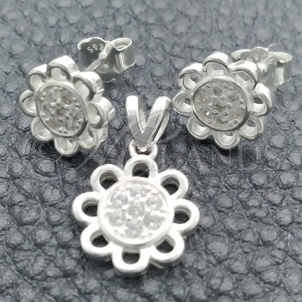 Juego de Arete y Dije de Adulto 10.398.0011 Plata Rodinada, Diseño de Flor, Pulido, Tono Plateado