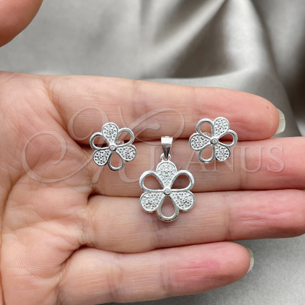Juego de Arete y Dije de Adulto 10.398.0012 Plata Rodinada, Diseño de Flor, Pulido, Tono Plateado