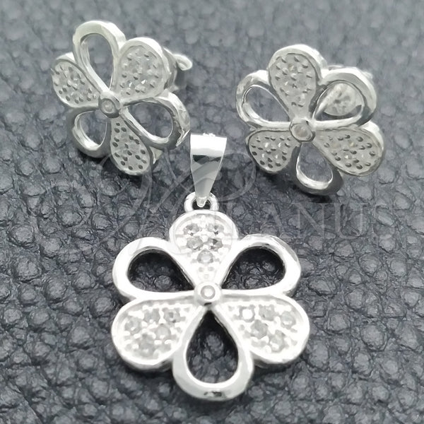 Juego de Arete y Dije de Adulto 10.398.0012 Plata Rodinada, Diseño de Flor, Pulido, Tono Plateado