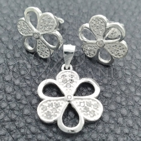 Juego de Arete y Dije de Adulto 10.398.0012 Plata Rodinada, Diseño de Flor, Pulido, Tono Plateado